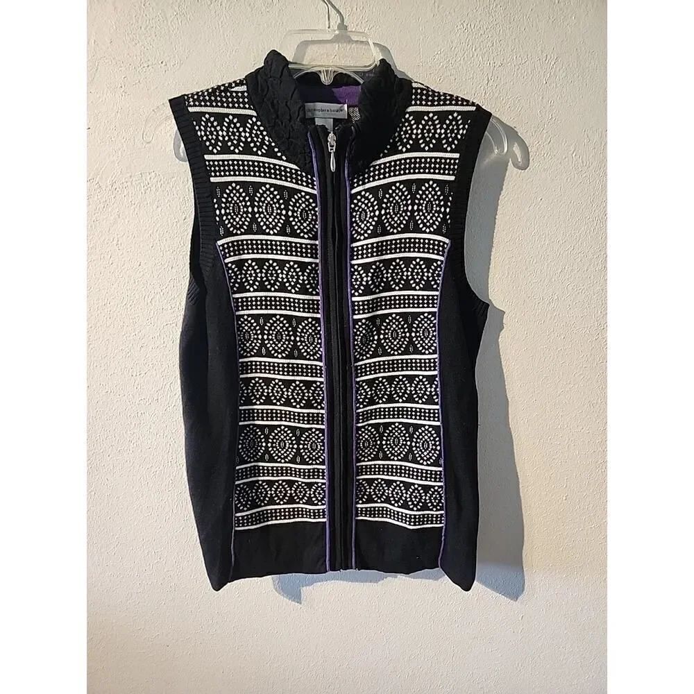 Christopher & Banks Black Purple Sweater Vest WhiteβSz M Preowned